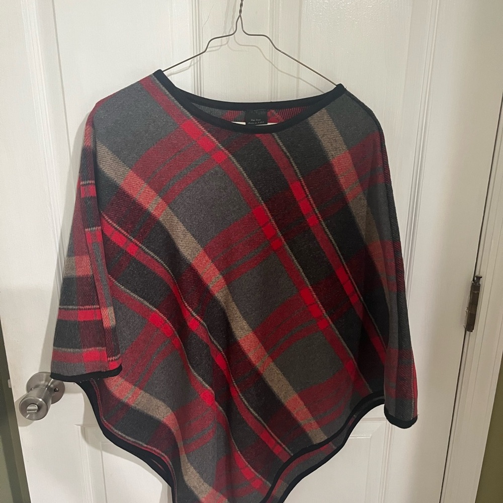 Plaid Poncho with Red and Gray Accents EUC